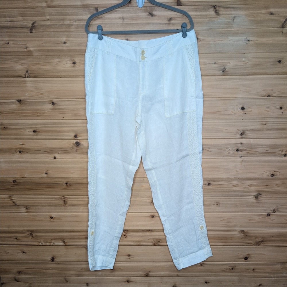 Sundance Organia Lace Trim White 100% Linen Pants Womens 14 72056-14-WTE